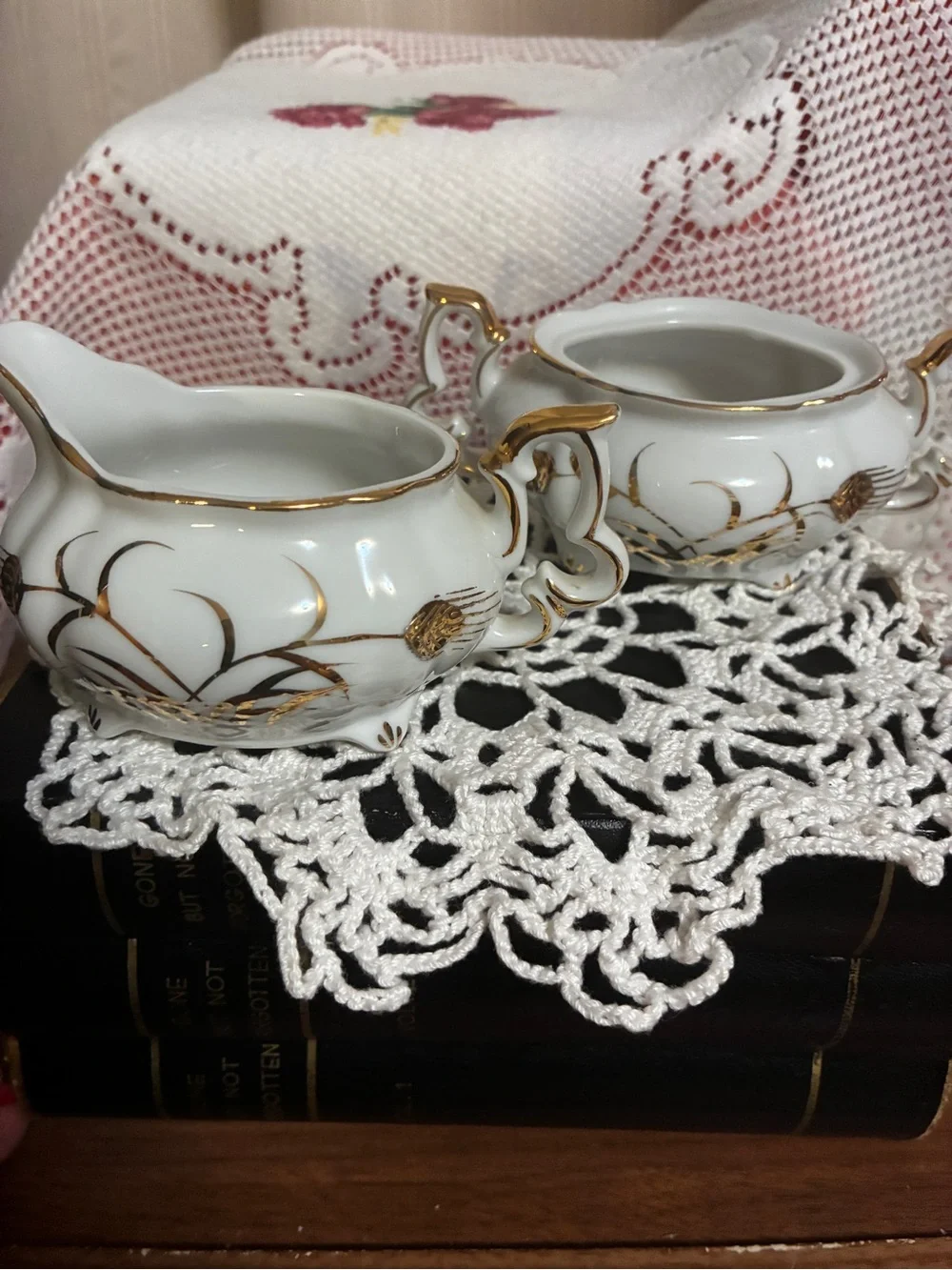 Lefton White Porcelain Creamer and Sugar Bowl with Gold Accent